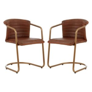 Australis Tan Leather Dining Chairs With Metal Frame In A Pair