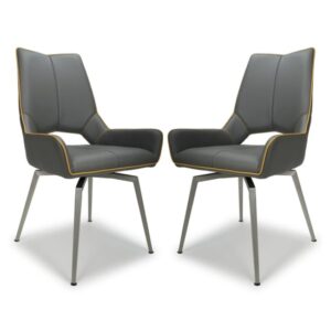 Mosul Swivel Leather Effect Graphite Grey Dining Chairs In Pair