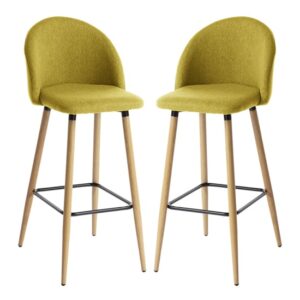 Nesat Mustard Fabric Bar Stools With Wooden Legs In Pair