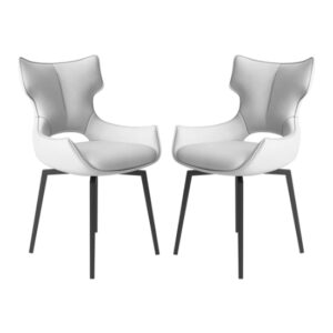 Rayong Swivel White Faux Leather Dining Chairs In Pair