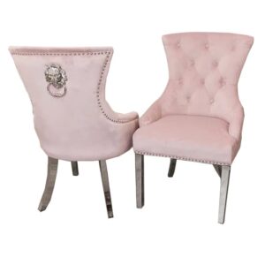 Melvin Lion Knocker Pink Velvet Dining Chairs In Pair