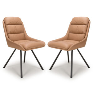 Addis Swivel Tan Leather Effect Dining Chairs In Pair