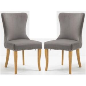Arvada Steel Grey Velvet Dining Chairs With Oak Legs In Pair