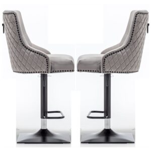 Camarillo Light Grey Velvet Bar Stools With Black Base In Pair