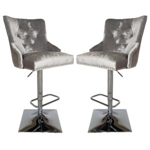 Kinston Shimmer Grey Velvet Bar Stools With Steel Base In Pair